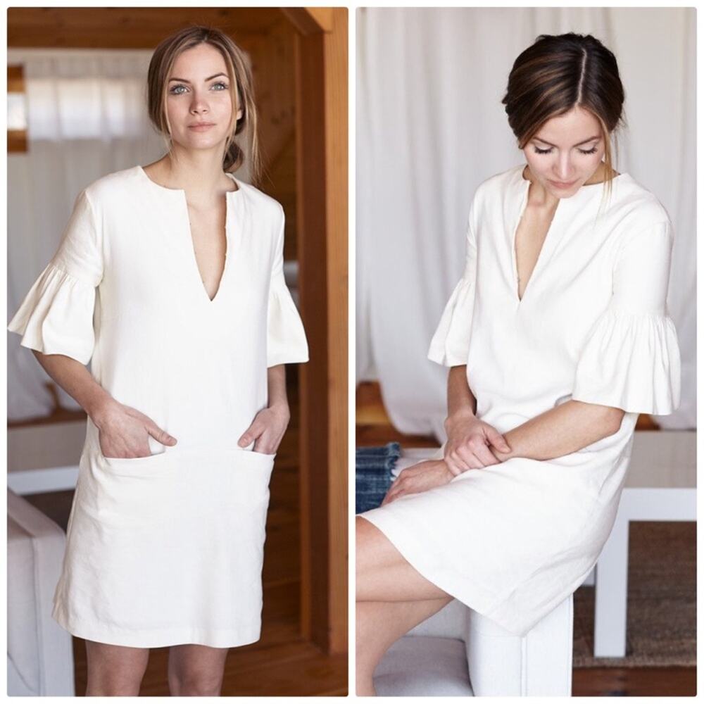 Emerson Fry Ivory Mod Ruffle Bell Sleeve Split Front Linen Dress XXS New